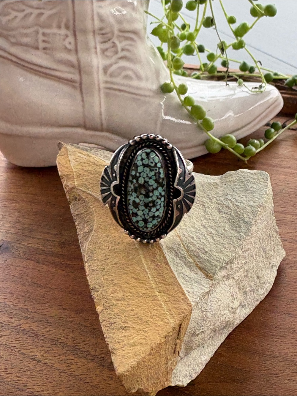 Solid Treasures Artisan Sterling Silver & Kingman Cobweb Turquoise Ring Size 7